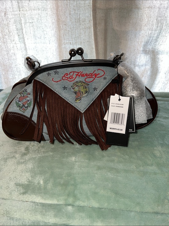 Ed Hardy Handbags - Ed Hardy Brown & Denim Fringed Kiss-Lock Crossbody Bag